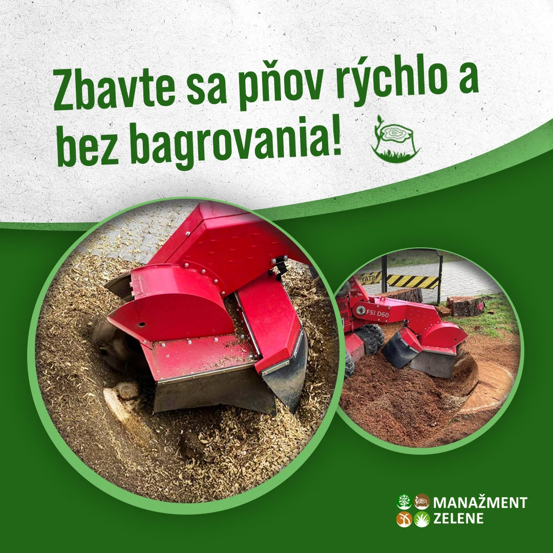 artivo. grafika pre Manažment Zelene — vizuál Zbavte sa pňov rýchlo a bez bagrovania — frézovanie pňov bez ničenia okolitého terénu