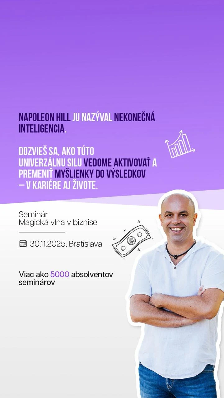 artivo. grafika pre NLP akadémiu — banner Napoleon Hill ju nazýval nekonečná inteligencia, seminár Magická vlna v biznise